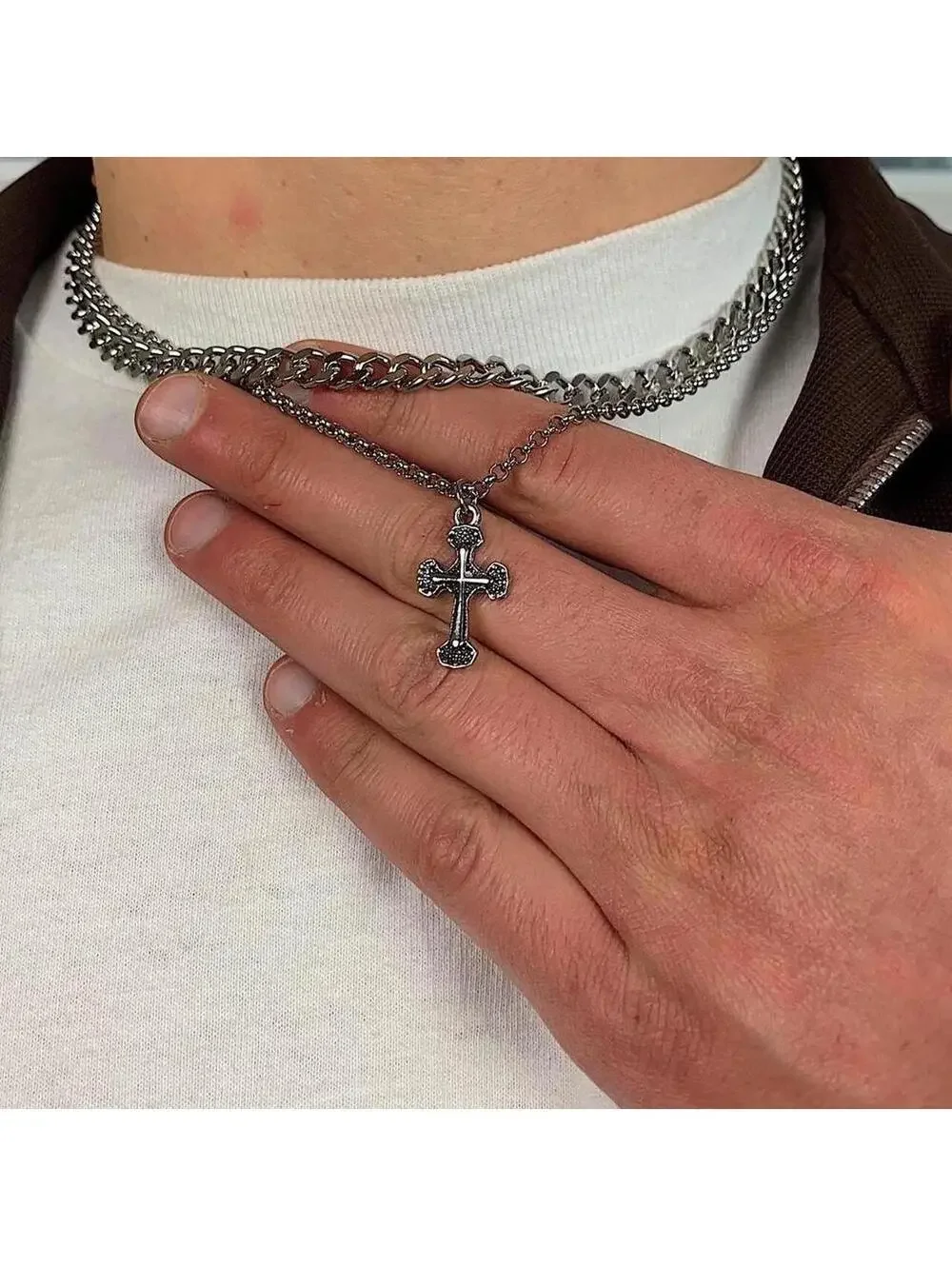 Y2k Cyber Double layer opium silver chrome cross chain grunge Cuban link